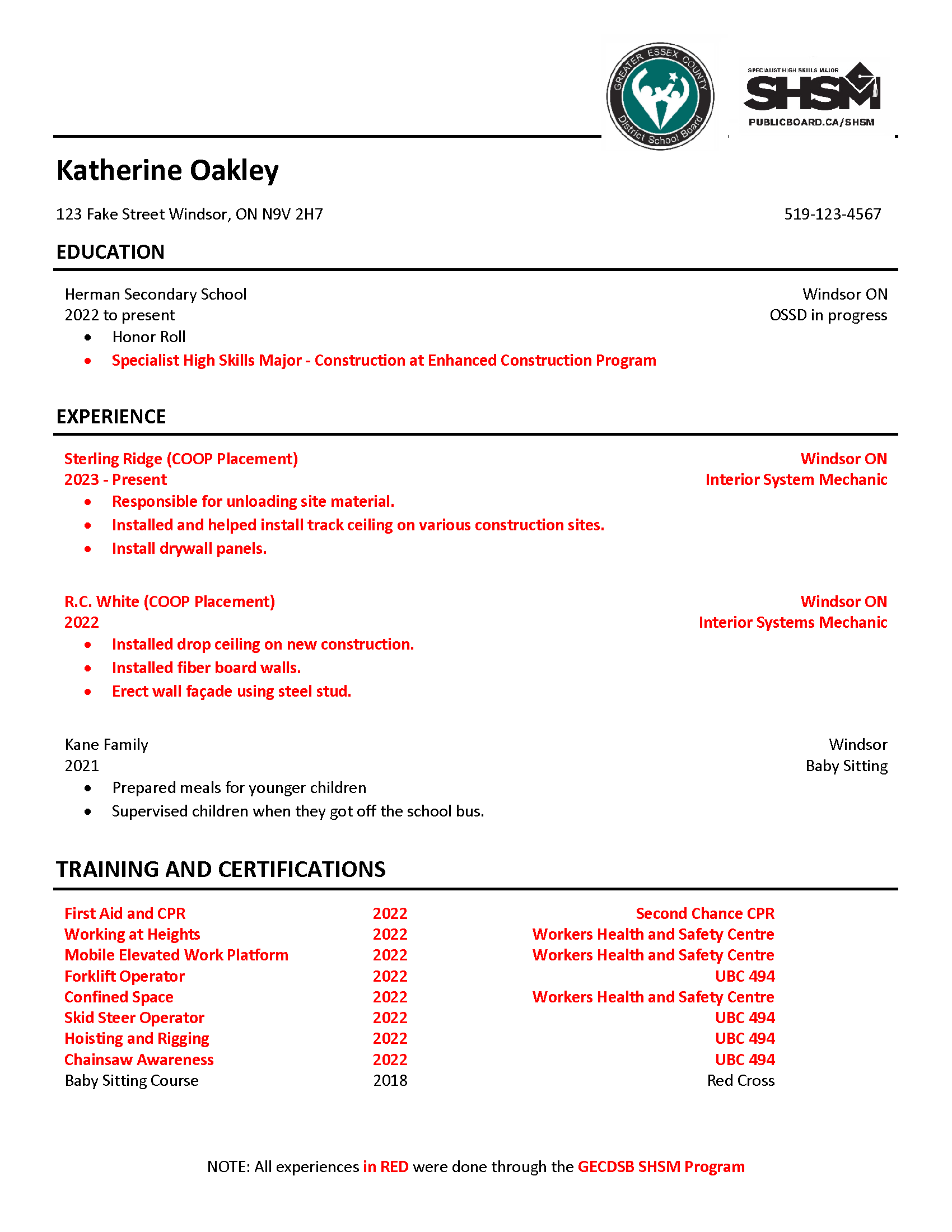 SHSM Sample Resume 