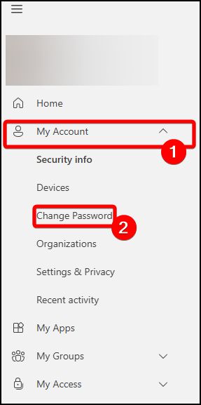 Change your password screen in Microsoft Office