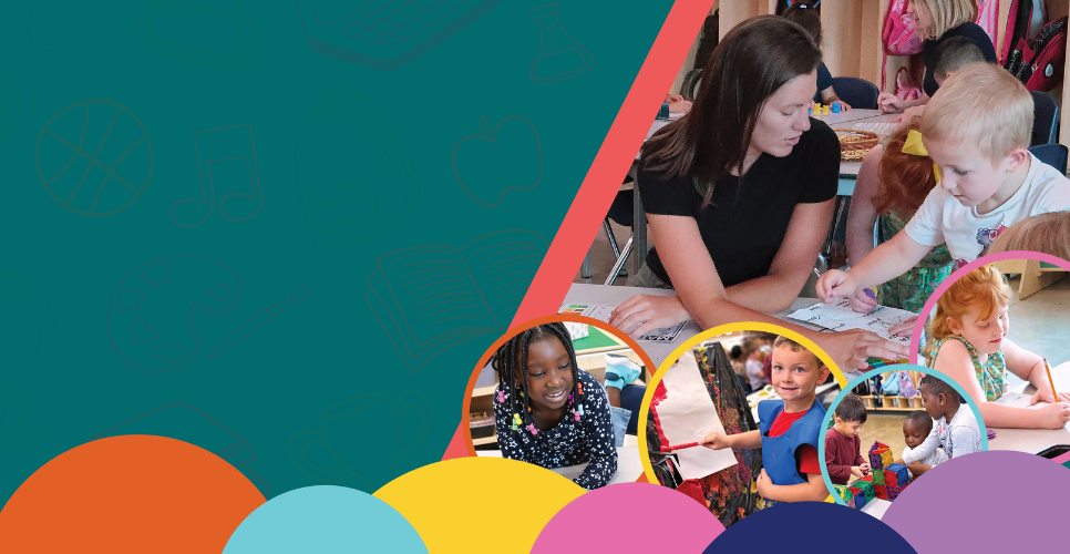 Colourful circles with images of students and teachers